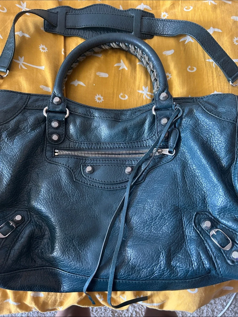 Balenciaga Dark Green Leather Shoulder Bag